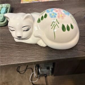 Ceramic Cat Figurine with Floral Design